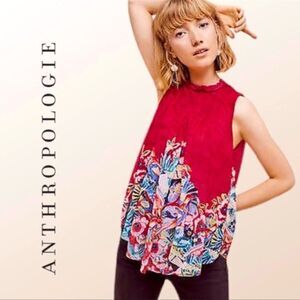 Anthropologie Deletta Dominica Red Floral/Bird Print Sleeveless Swing top Sz S‎